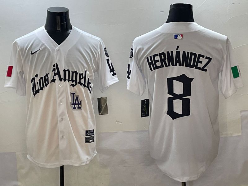 Men Los Angeles Dodgers 8 Hernandez White Five generations Joint Name 2025 Nike MLB Jersey style 11